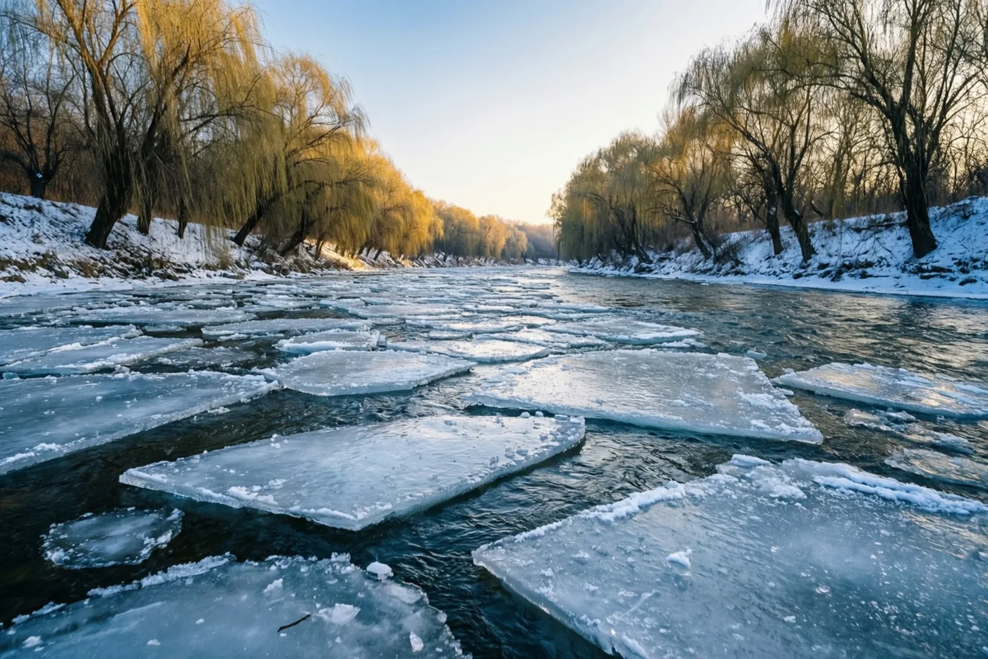 Platen ijs drijven op een brede rivier tussen besneeuwde oevers met wilgen in goudkleurig zonlicht.