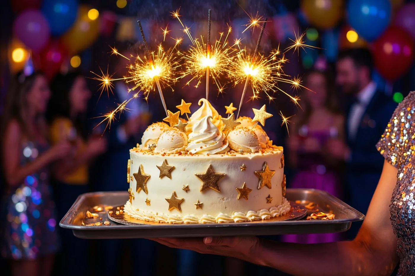 Een ronde ijstaart met gouden sterren en brandende sterretjes wordt op een dienblad door een donkere feestruimte gedragen, met kleurrijke ballonnen op de achtergrond.
