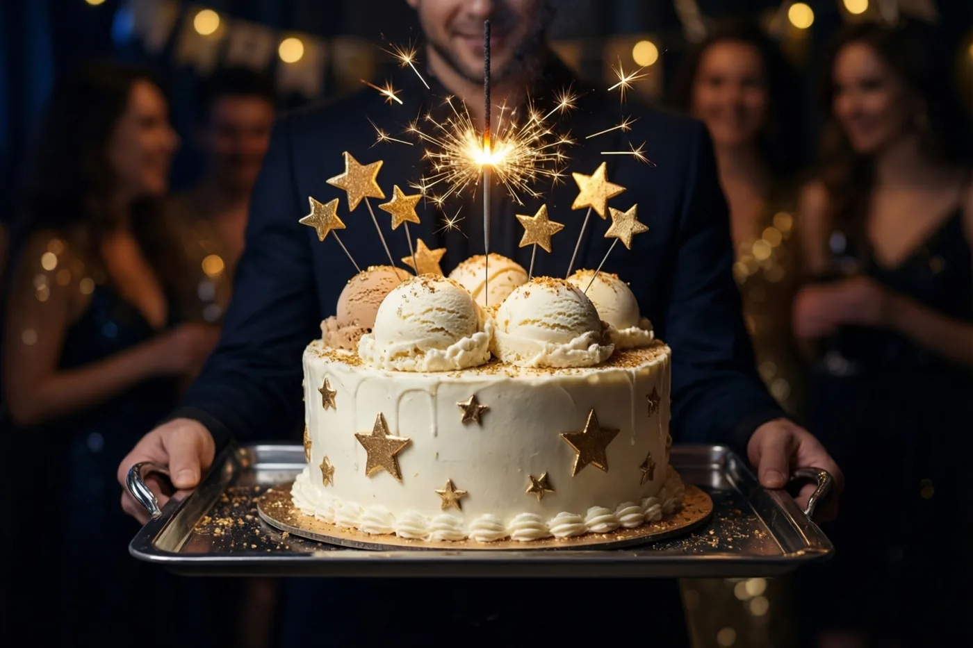 Een man in een donker pak draagt een ronde ijstaart met gouden sterren en een brandend sterretje op een zilveren dienblad door een schemerige feestruimte met wazige gasten achter hem.