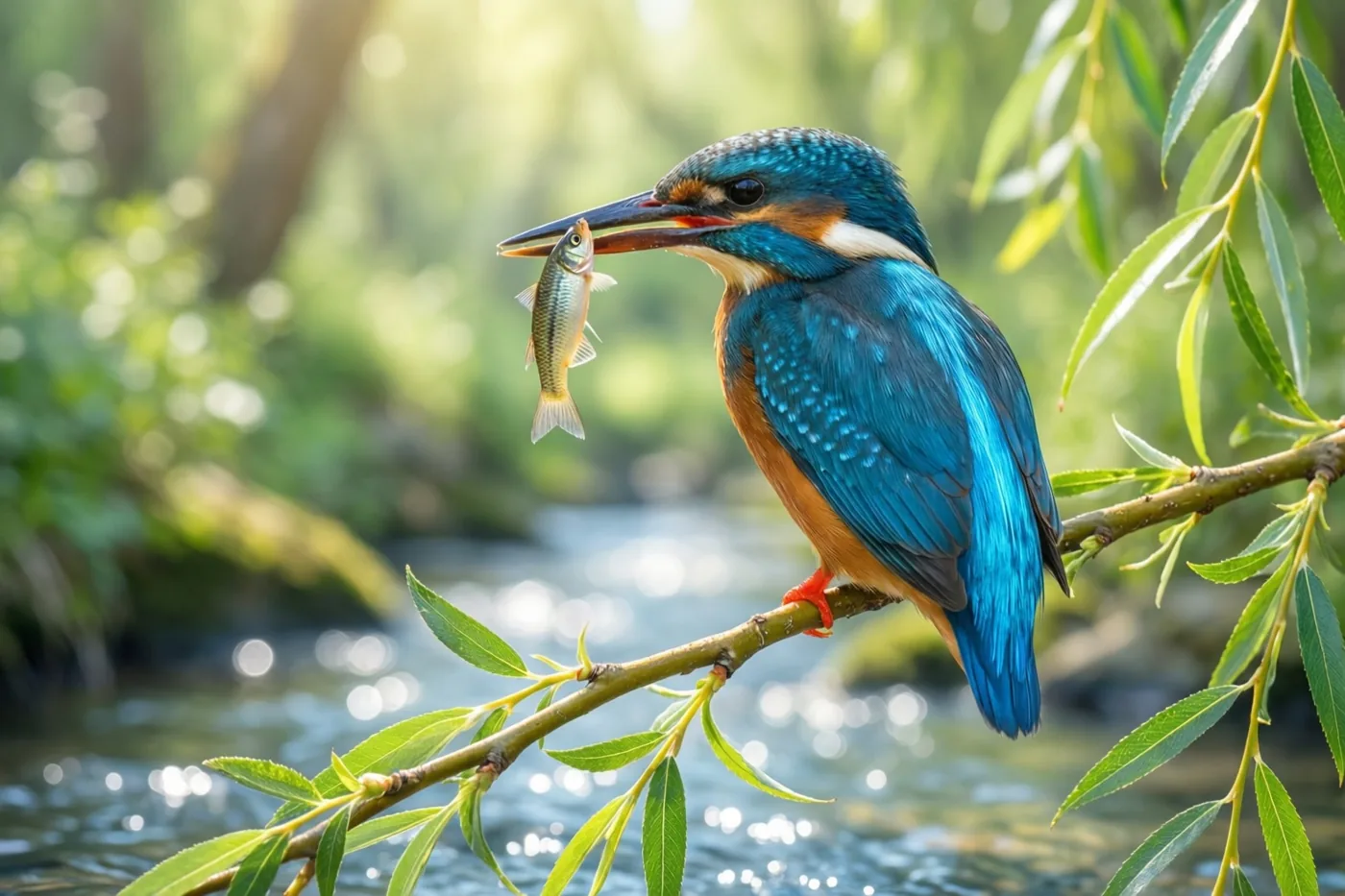 Een felblauwe ijsvogel met oranje veren zit met een visje in zijn snavel op een wilgentak boven een glinsterende beek in een zonnig groen bos.