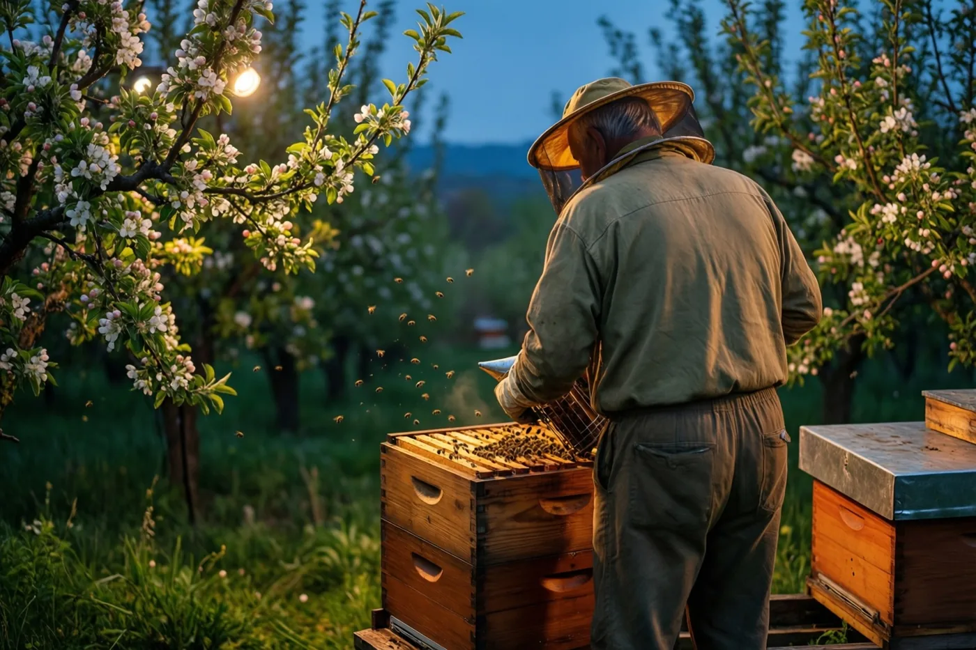 Een oudere imker in beschermende kledij verzorgt een houten bijenkast tussen bloeiende fruitbomen bij schemering, in goudkleurig licht onder een koele blauwe lucht.