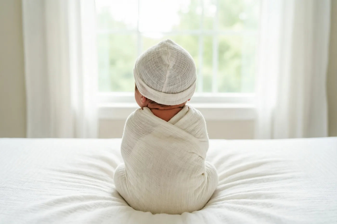 Een ingebakerde pasgeboren baby zit van achteren gezien op een wit bed, naar een raam gericht in zacht daglicht.