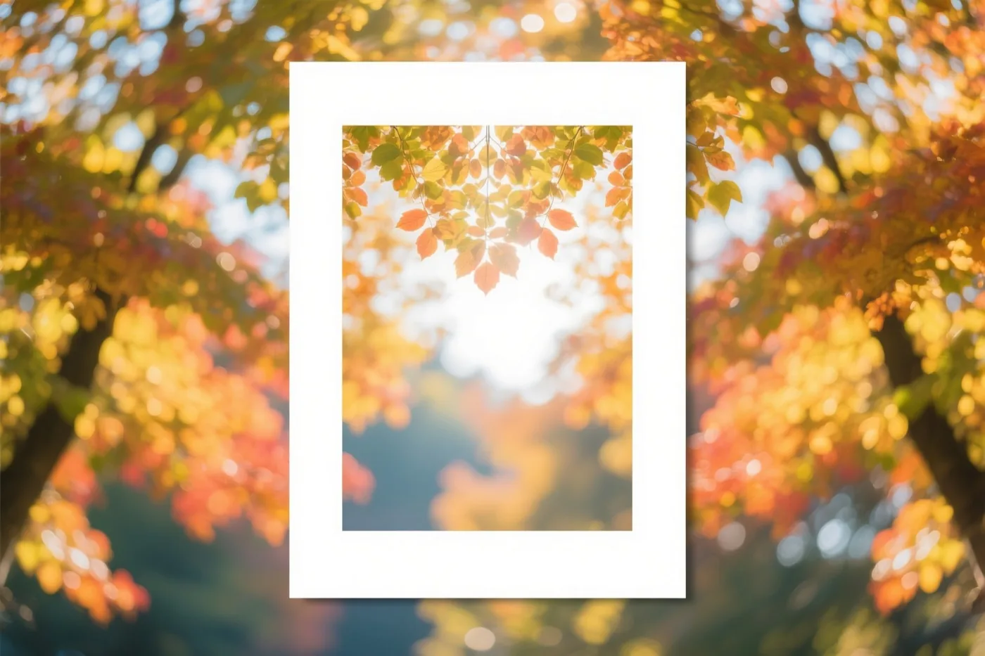 Een ingelijste foto toont zonlicht door kleurrijke herfstbladeren met zachte, onscherpe lichtvlekken op de achtergrond.