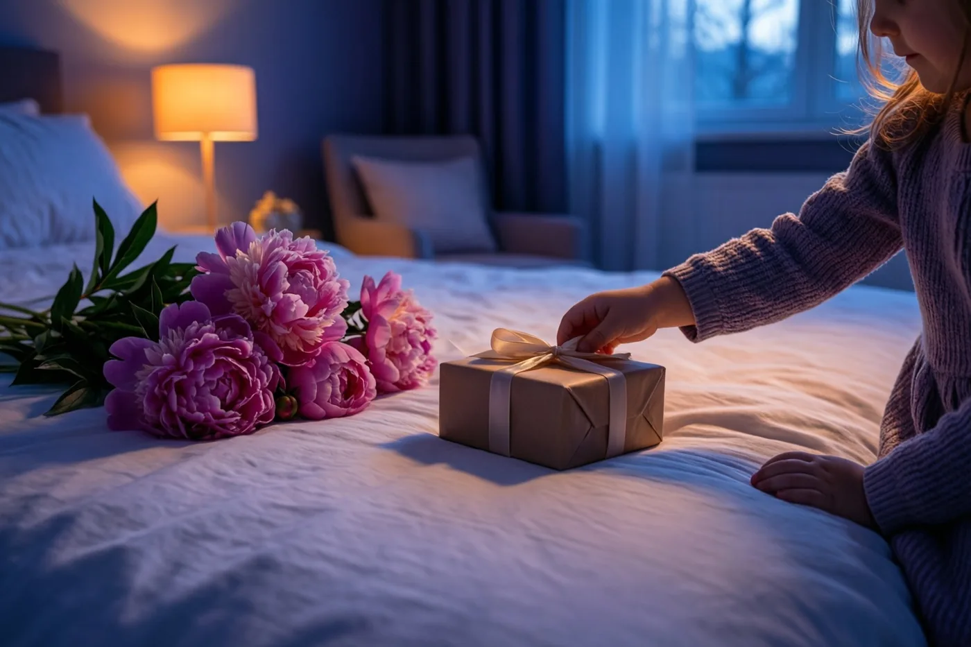 Een kinderhand legt een klein ingepakt geschenk op een bed met wit linnen naast een boeket roze pioenrozen, in het licht van een bedlampje en een raam.