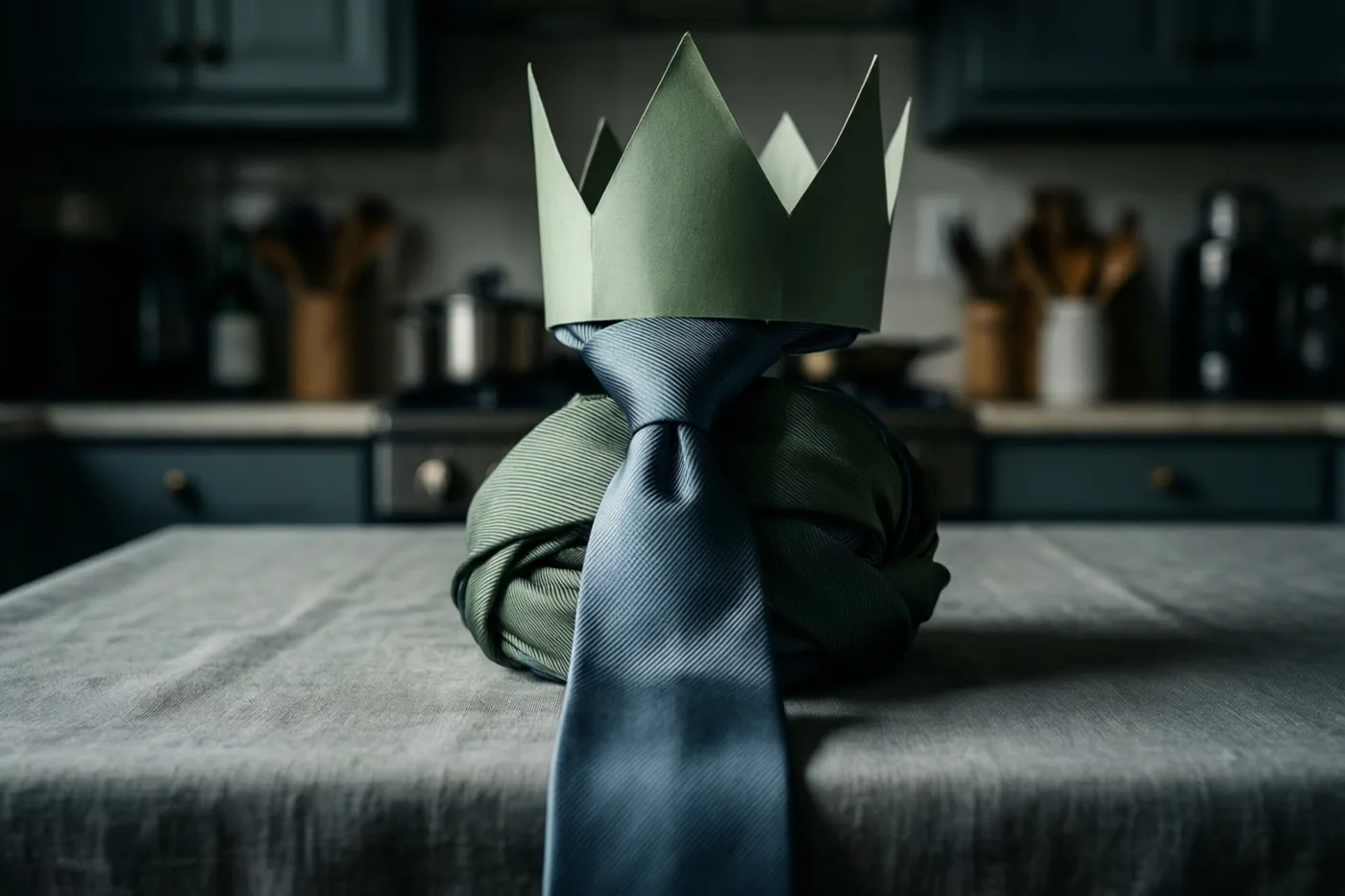 Een als cadeau ingepakte das met een papieren kinderkroon ligt op een keukentafel in een schemerige keuken met gedempte groen- en grijstinten.