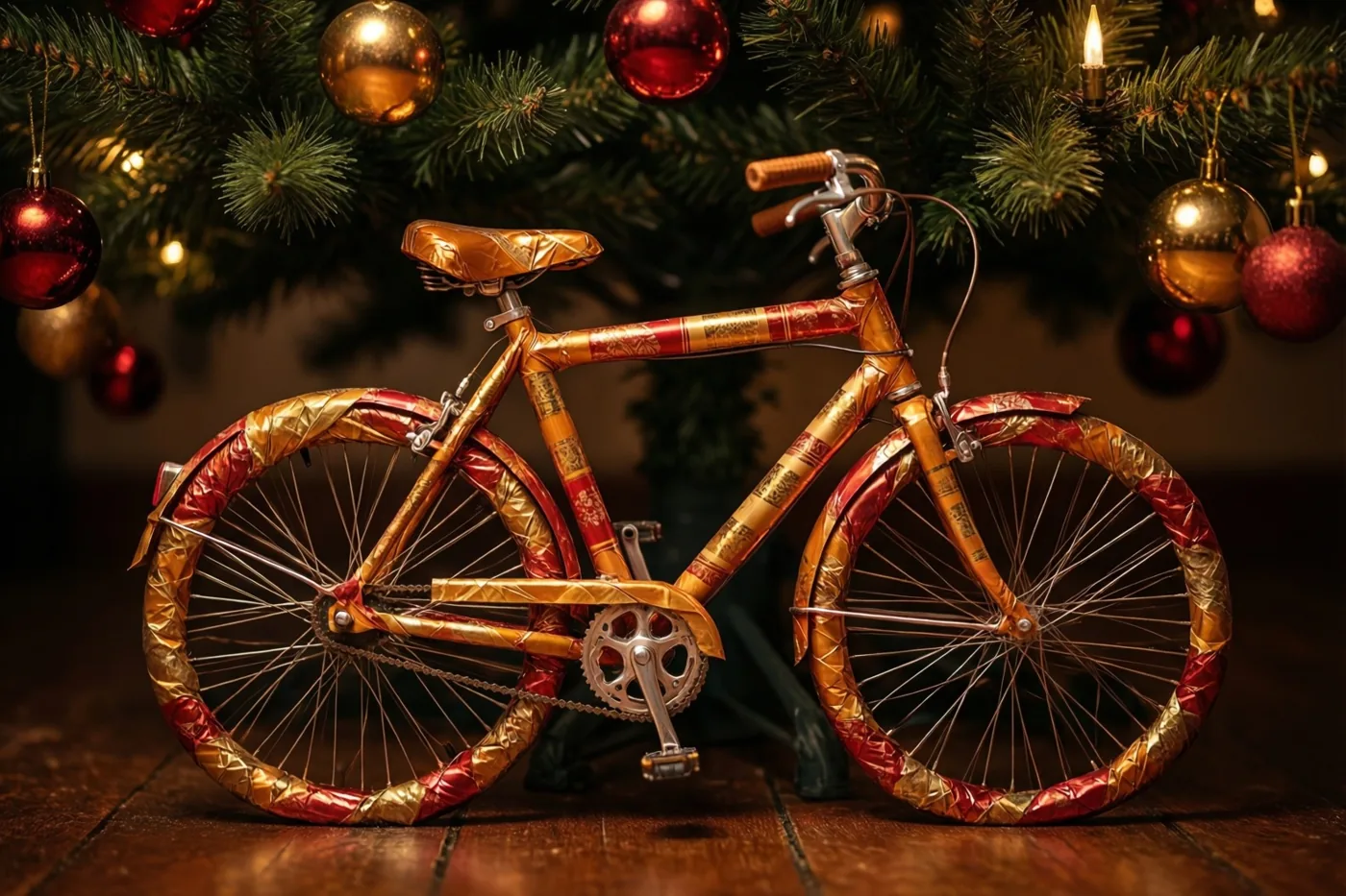 Een fiets verpakt in rode en gouden folie staat op een houten vloer onder een versierde kerstboom in warm licht.