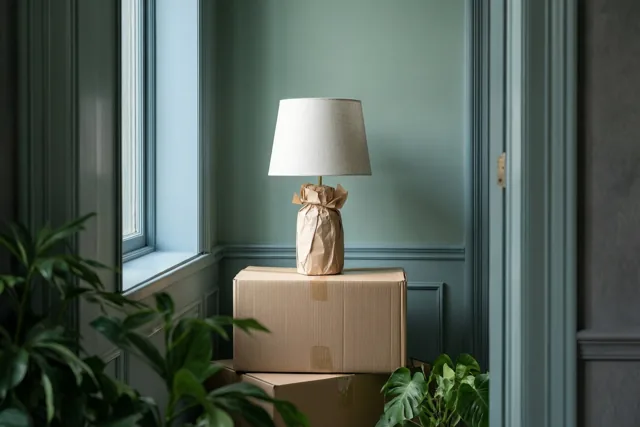Een in bruin papier gewikkelde lamp staat op een kartonnen verhuisdoos in een kamer met groene muren, een raam en groene planten.