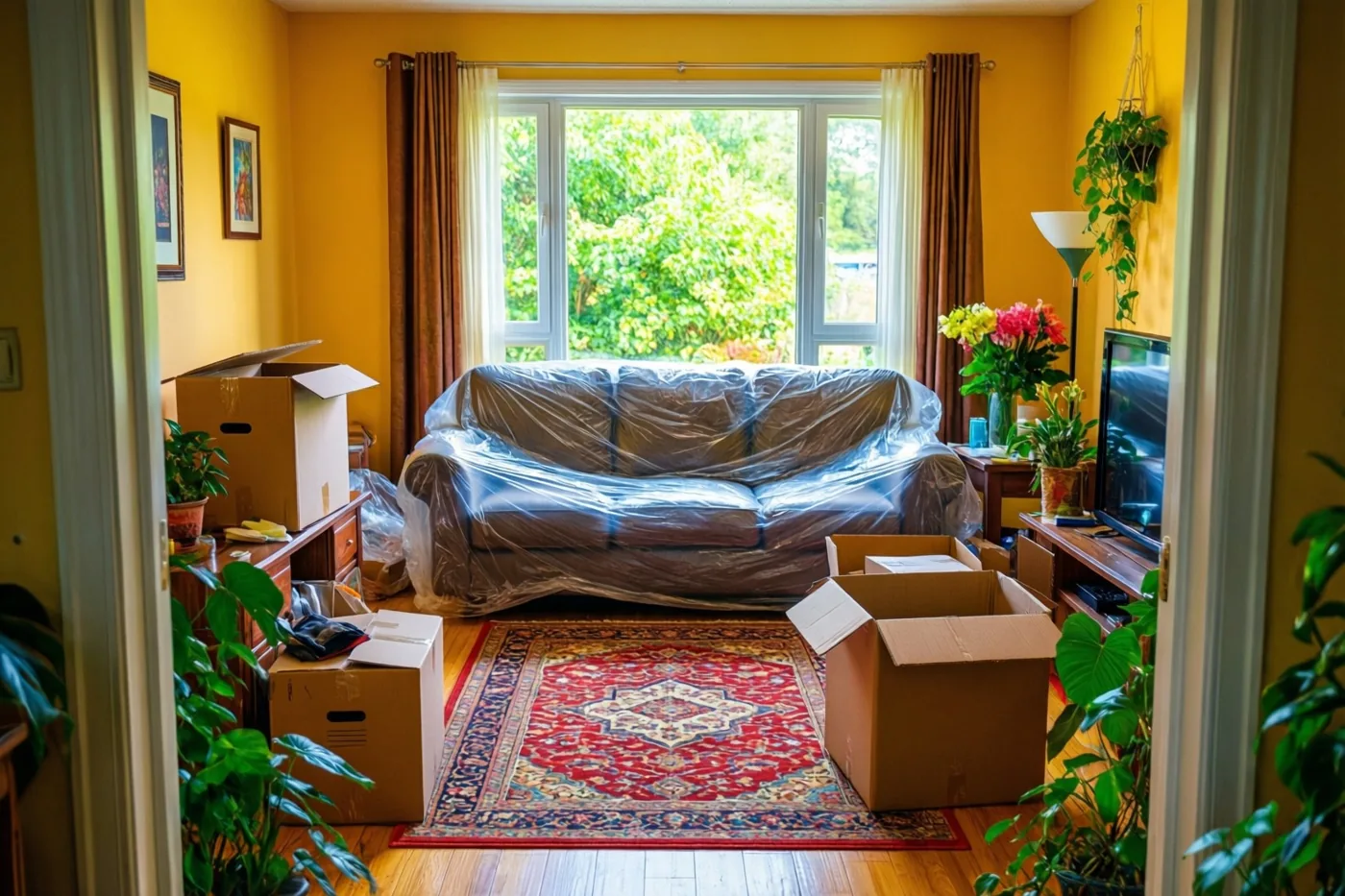 Een zetel in plastic staat op een rood tapijt met motieven tussen open verhuisdozen in een zonnige woonkamer met gele muren en groene planten.