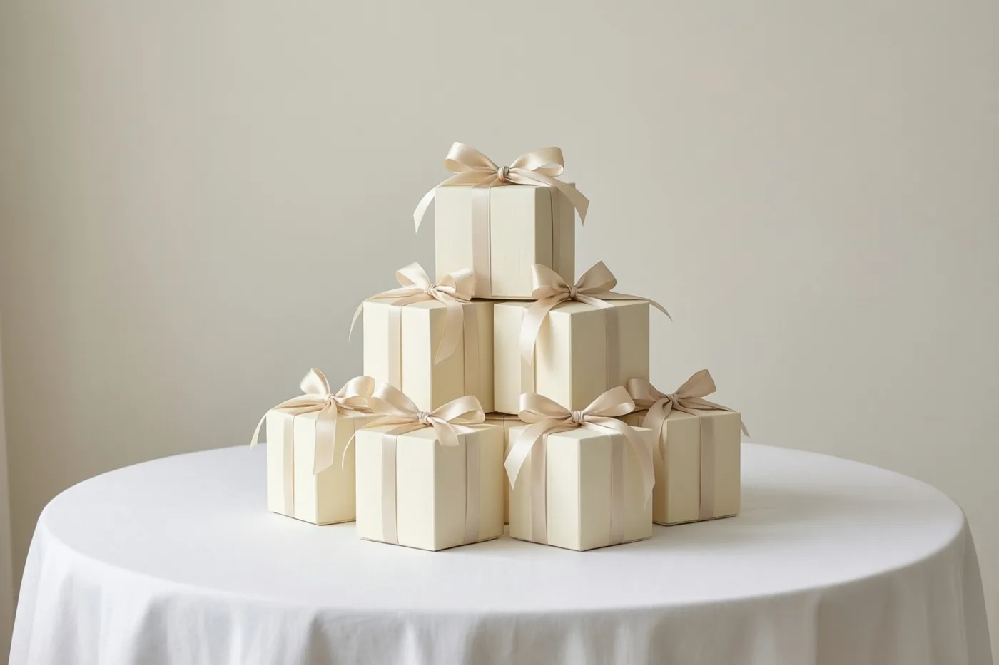 Ivoorkleurige geschenkdozen met satijnen linten staan in een piramide op een tafel met een wit kleed, in zacht licht tegen een neutrale achtergrond.