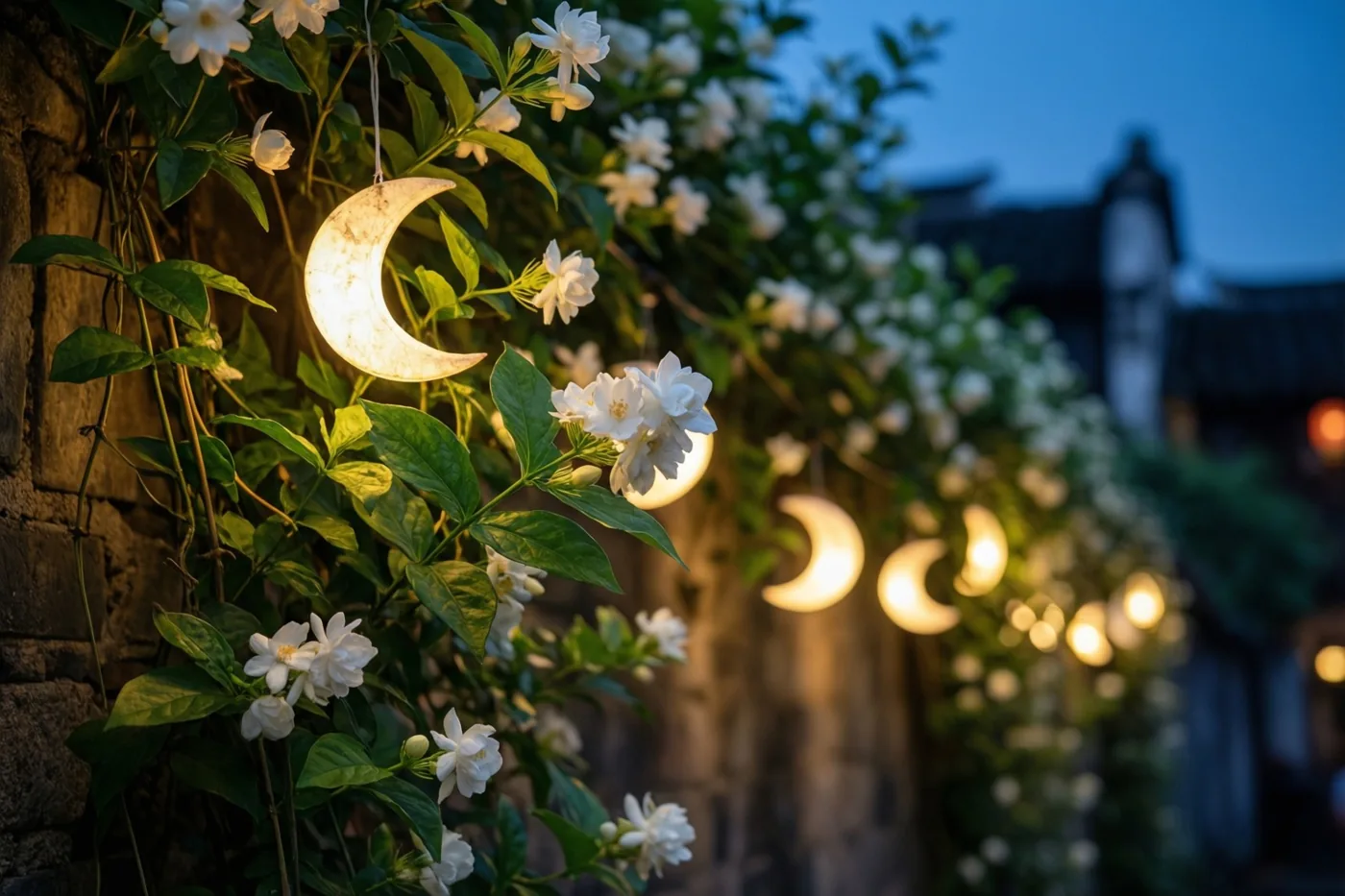 Witte jasmijn groeit over een stenen muur en wordt verlicht door maanlantaarns, met een diepblauwe schemerlucht en traditionele gebouwen op de achtergrond.