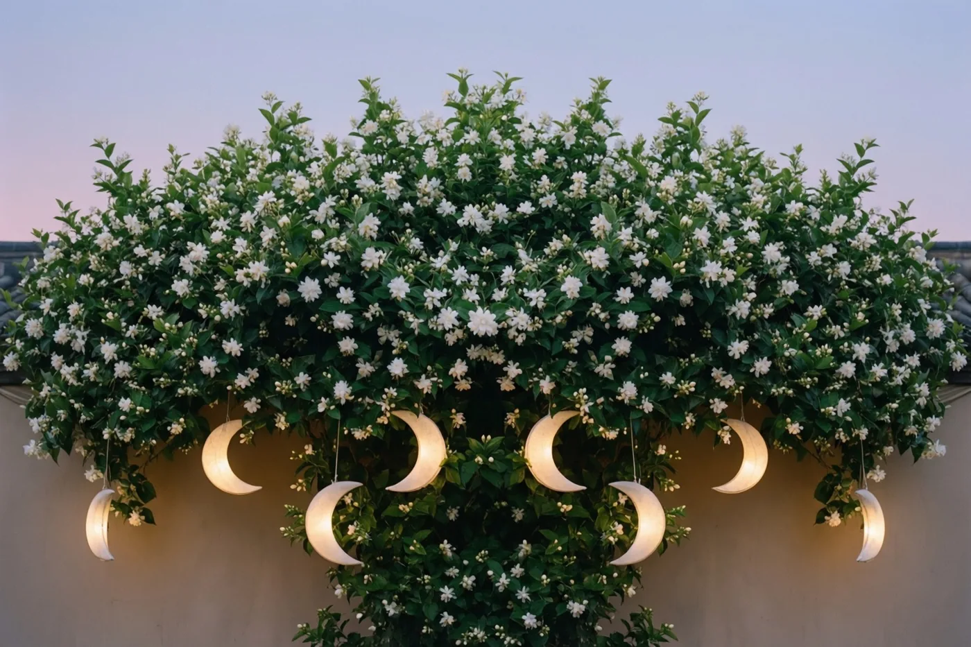 Een weelderige jasmijnstruik met witte bloemen groeit over een muur met brandende maanlantaarns, onder een pastelkleurige hemel bij schemering.