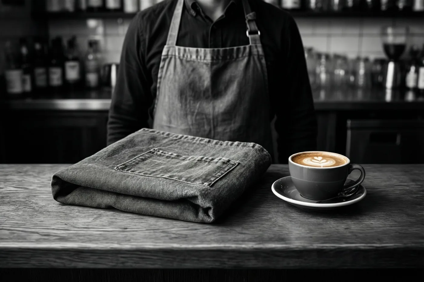 Een zwart-witfoto toont een opgevouwen jeansschort en koffie met latte art op een houten cafétoog, met een barista in een schort achter de toog.