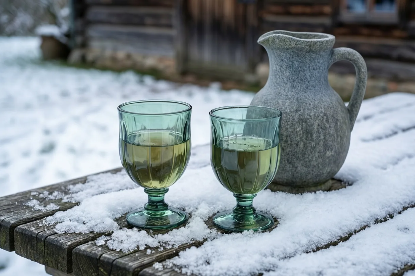 Twee groengetinte tulpglazen met jenever en een grijze stenen kruik staan op een besneeuwde houten tafel met een houten boerderij onscherp op de achtergrond.