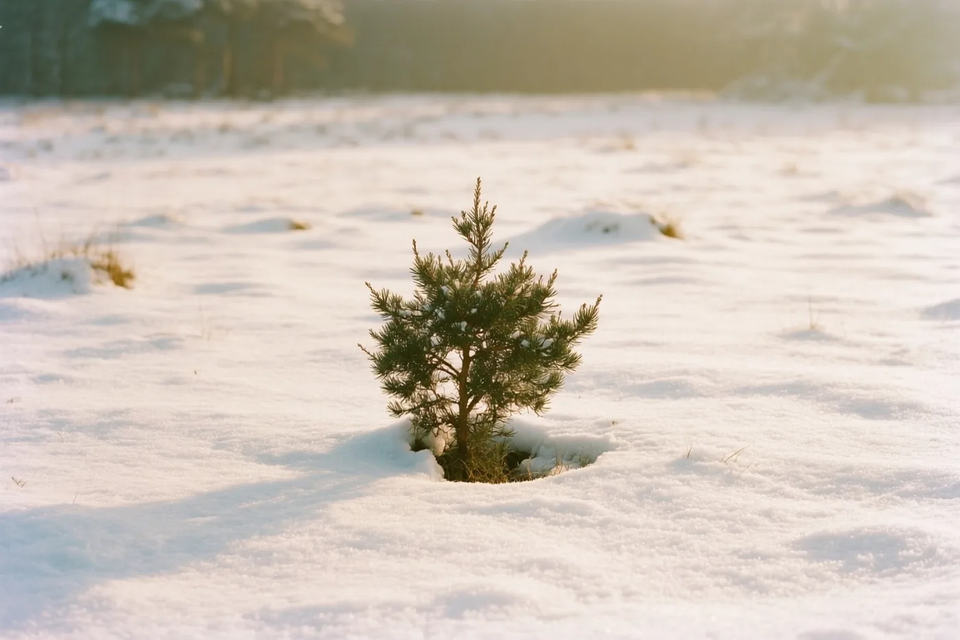 Een alleenstaande jeneverbes staat in een besneeuwd veld in warm zonlicht, met zachte witte, groene en bruine tinten.