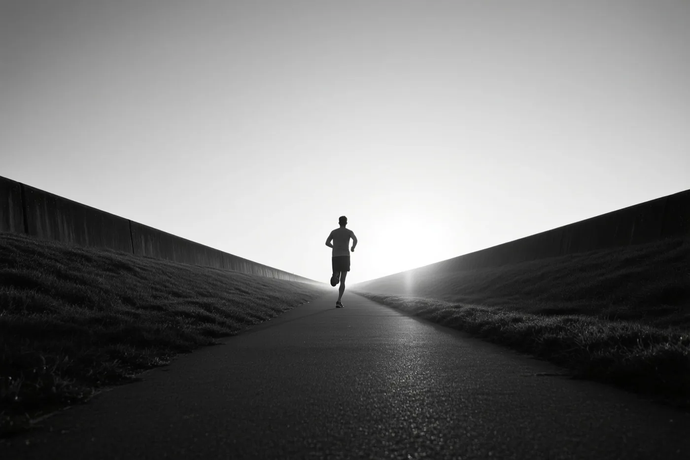 Een eenzame jogger loopt weg over een verhard dijkpad bij zonsopgang, in zwart-wit met een donkere weg en een heldere hemel.