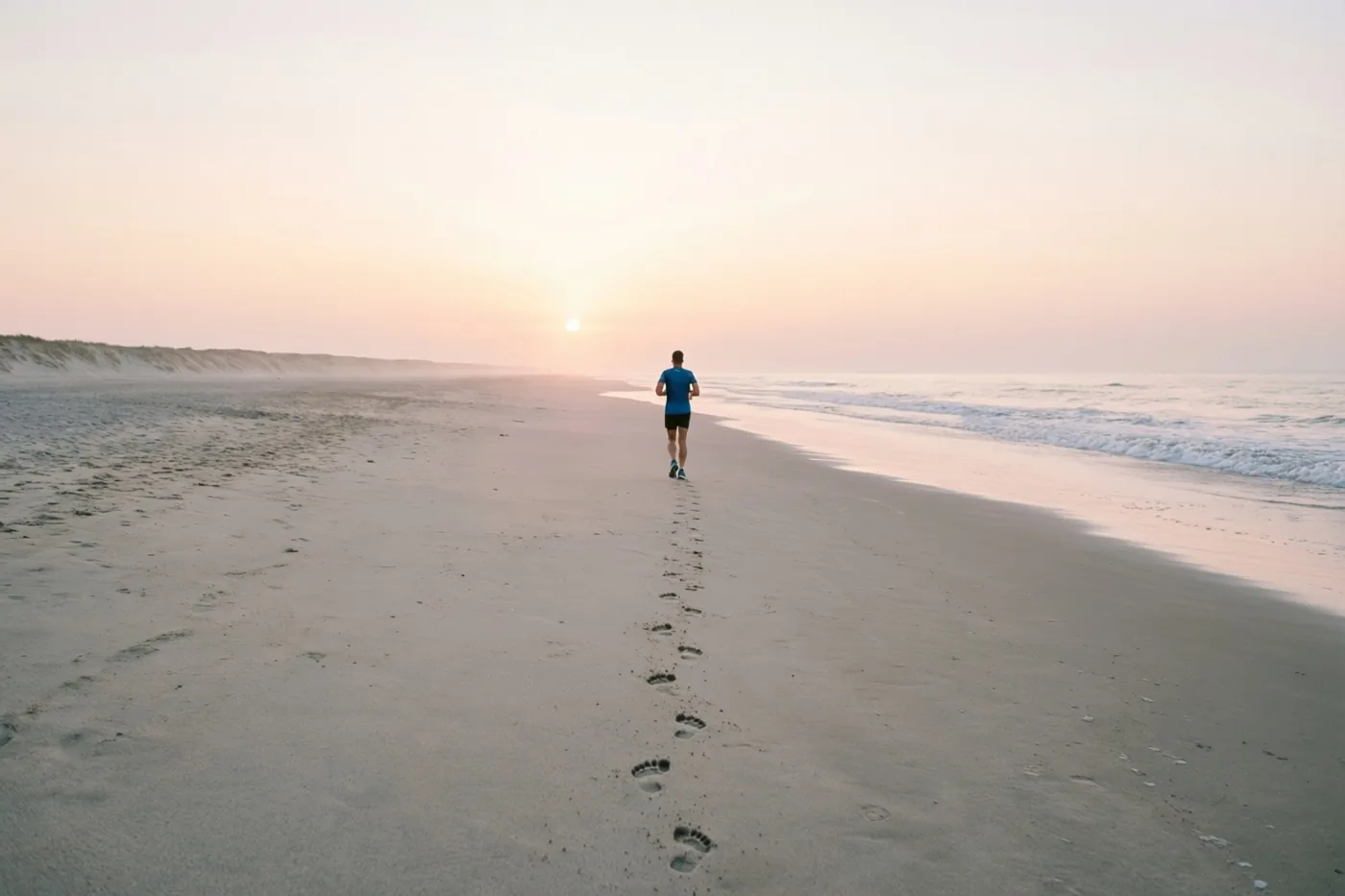 Een eenzame jogger loopt van de kijker weg over een breed, leeg strand bij zonsopgang en laat verse voetsporen achter langs de waterlijn in roze en perzikkleurig licht.