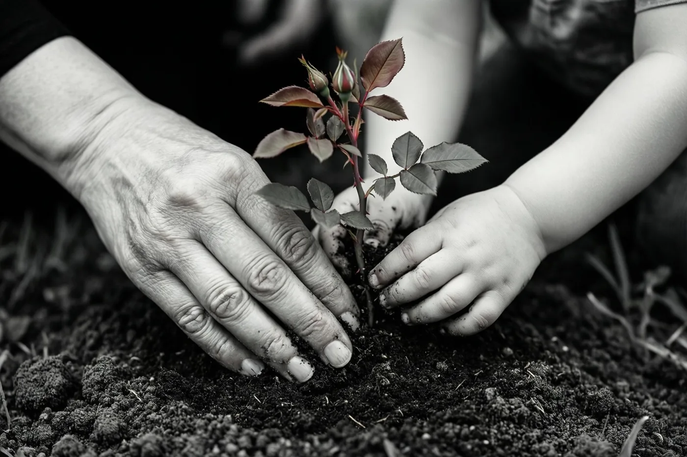 Een hand van een oudere persoon en een kinderhand planten samen een jong rozenplantje in donkere aarde, in een zwart-witbeeld waarin de bladeren en knoppen kleur behouden.