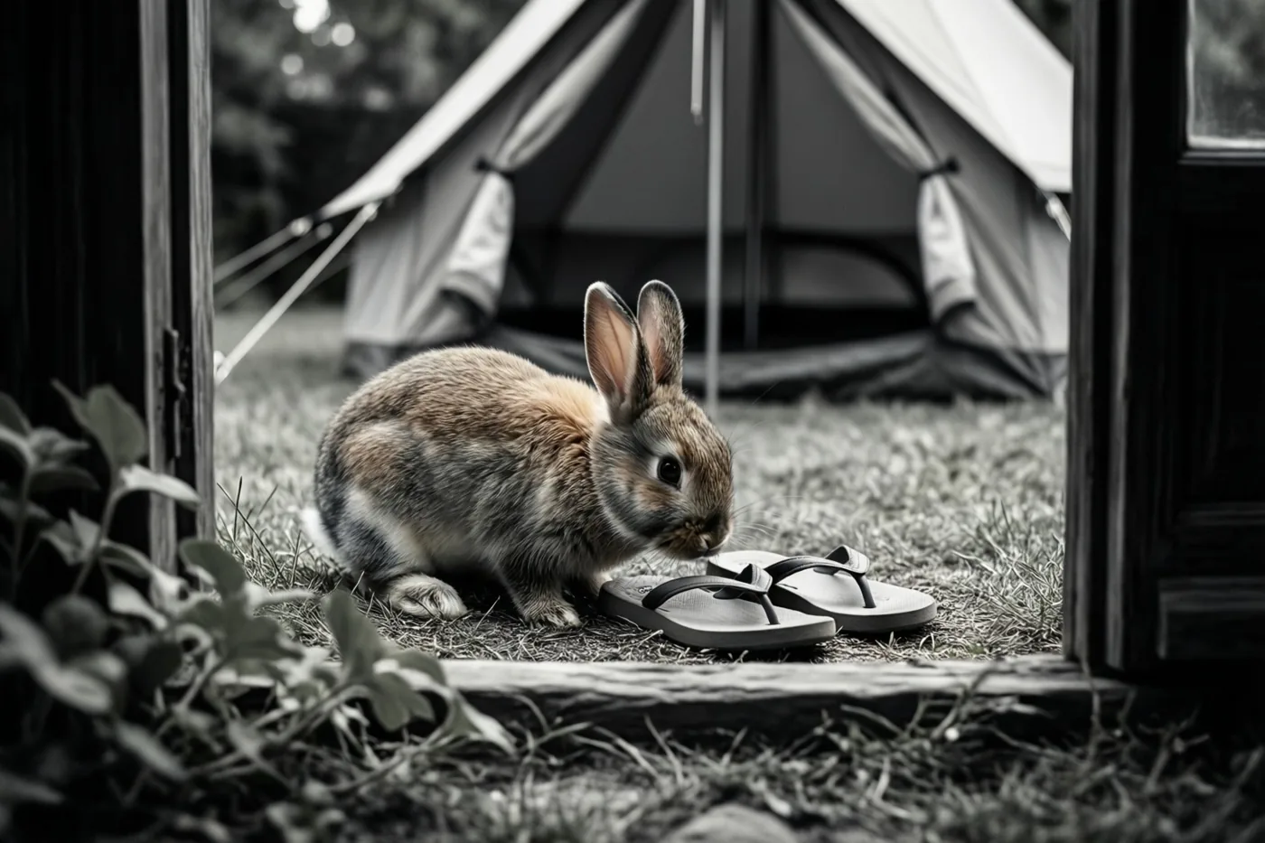 Een jong konijntje snuffelt aan kinderteenslippers op het gras buiten een tent op een zwart-witfoto.