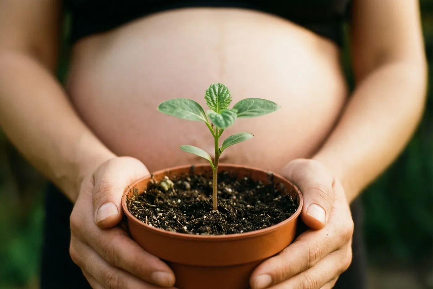 Een zwangere vrouw houdt een jong plantje in een pot voor haar buik, met zachte natuurlijke kleuren en groen op de achtergrond.