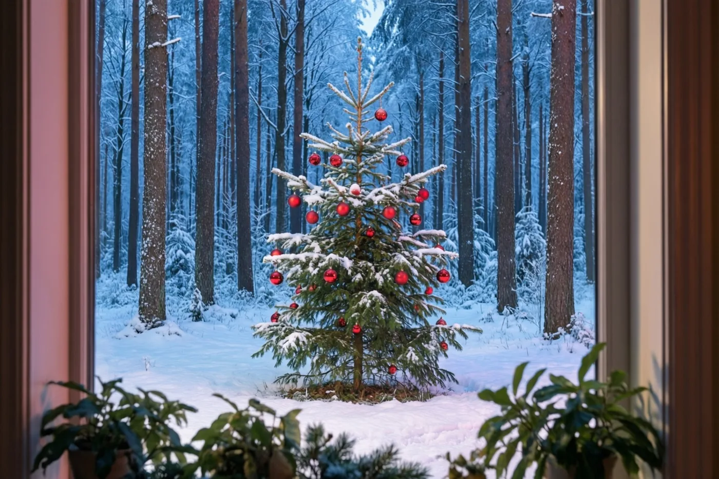 Door een houten raam met kamerplanten op de voorgrond is een jonge spar met rode kerstballen in een besneeuwd bos bij dageraad te zien, in koele blauwe en witte tinten.