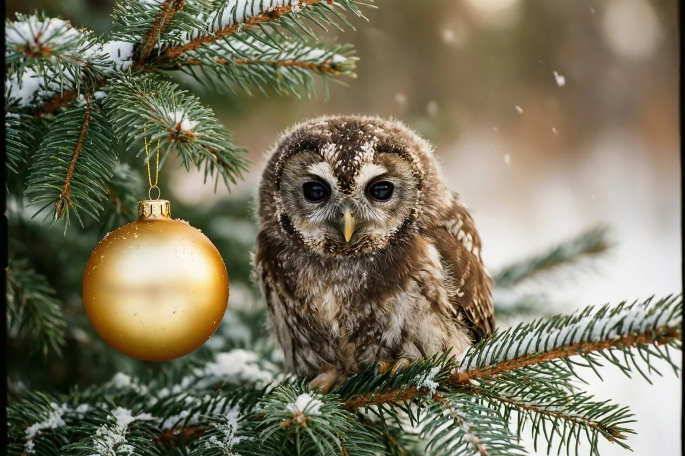 Een jong bruin-wit uiltje zit op een licht besneeuwde dennentak naast een gouden kerstbal, tegen een onscherpe sneeuwachtergrond.