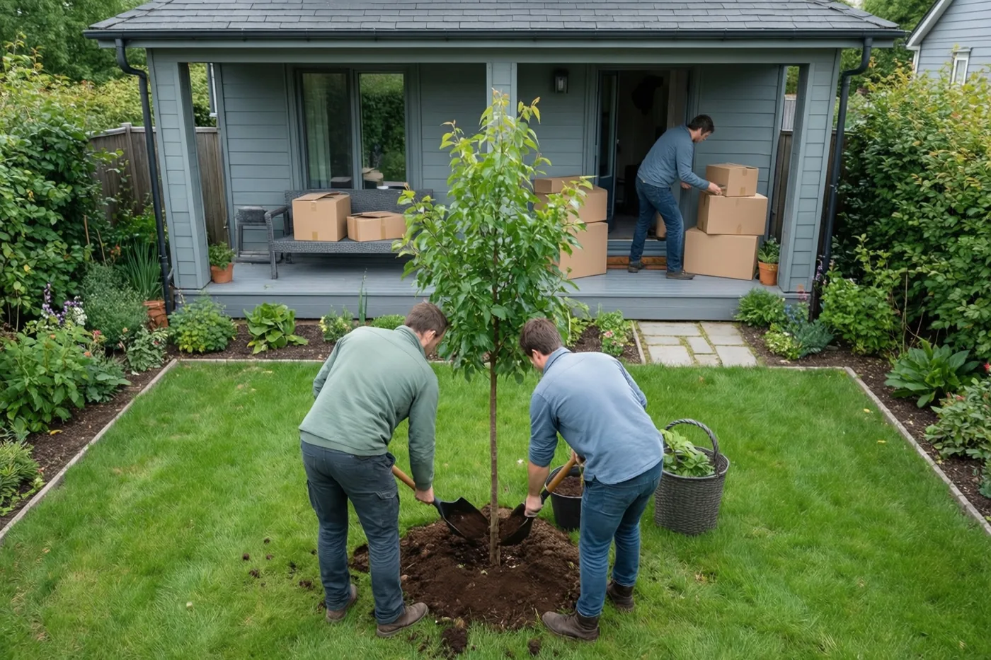 Twee mensen planten een jonge boom in een groene voortuin, terwijl een derde persoon bij de overdekte ingang van het huis dozen verplaatst.