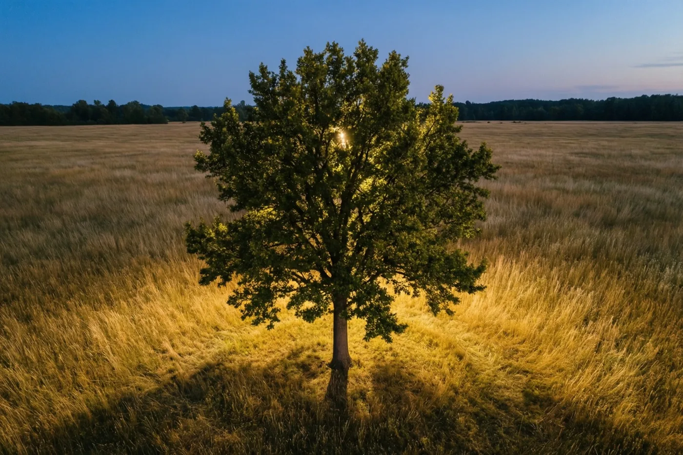 Een jonge eik staat alleen in een uitgestrekt veld met goudkleurig gras onder een heldere blauwe hemel.