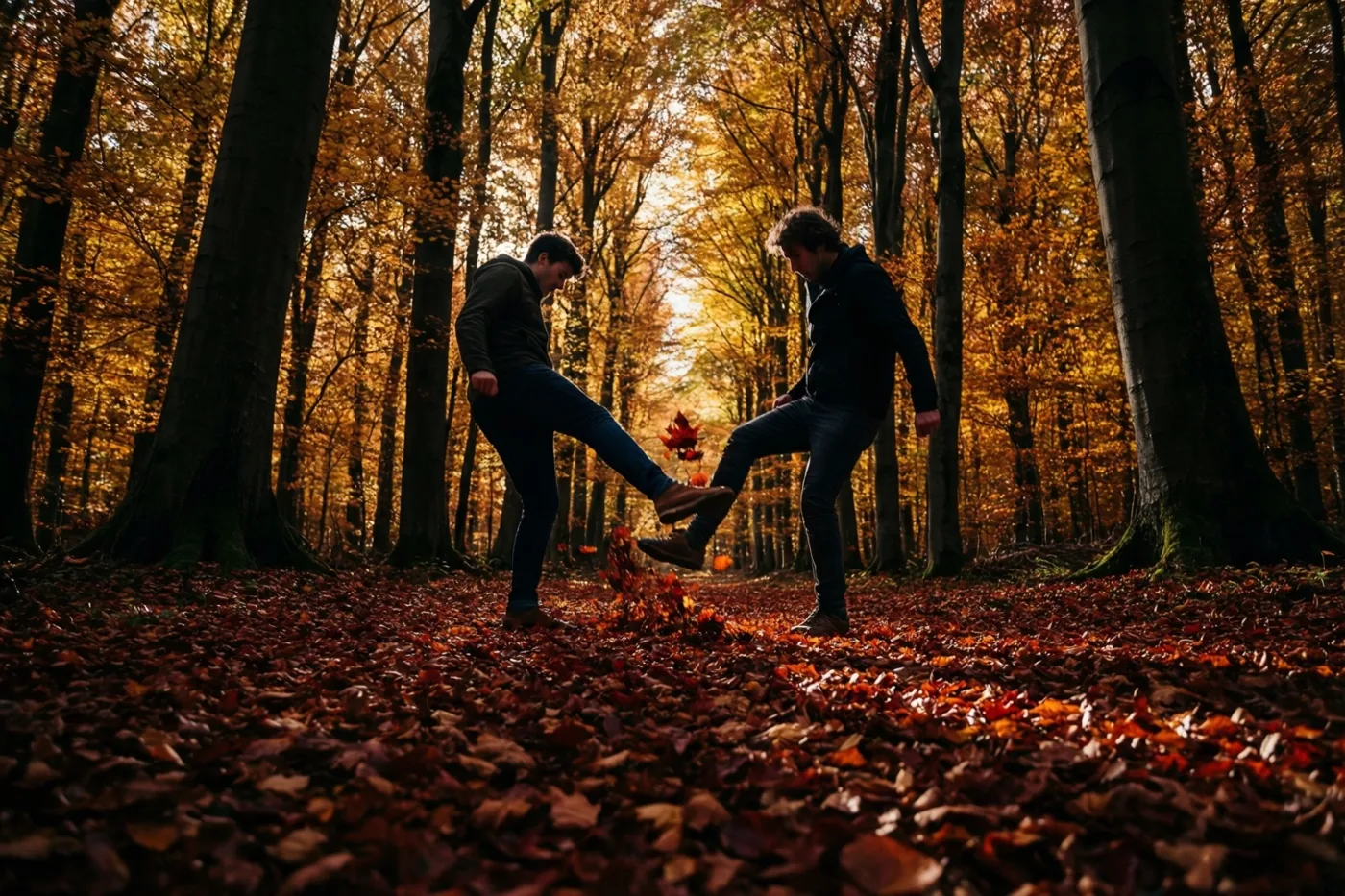 Twee jonge mannen schoppen tegen herfstbladeren in een dicht beukenbos met hoge bomen en goudkleurig loof in warm licht.