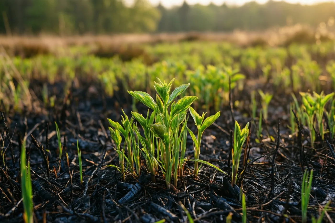 Frisse groene scheuten komen uit donkere, verkoolde grond in een veld, met wazige bomen en gouden licht op de achtergrond.