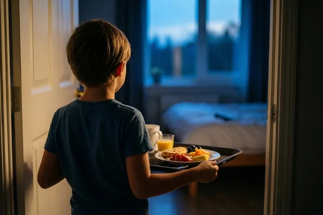 Een jonge jongen draagt met de rug naar de camera een plateau met eten en drinken een blauw getinte slaapkamer binnen, verlicht vanuit de deuropening.