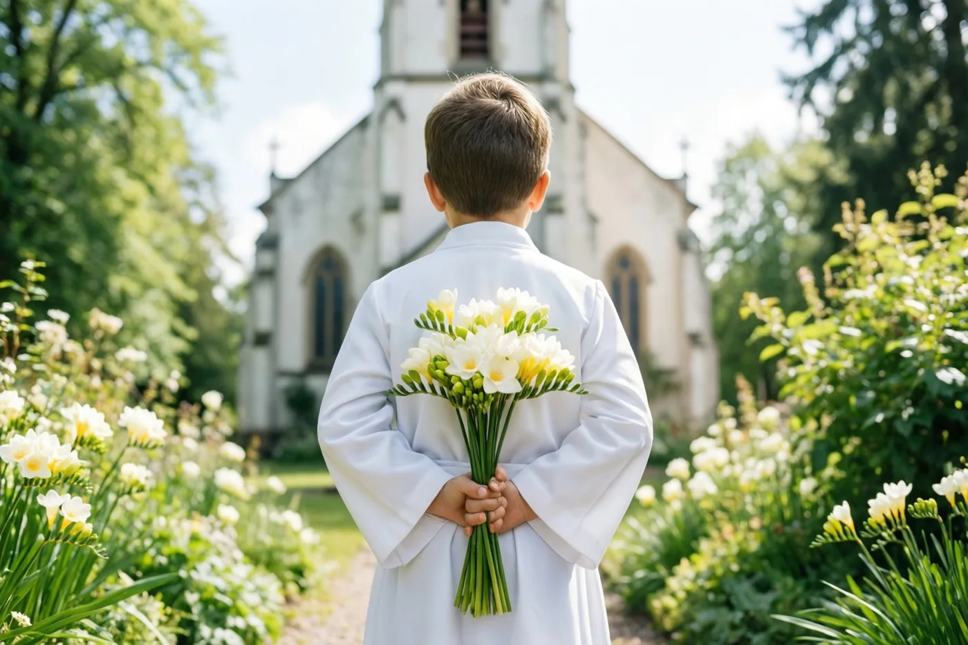 Een jongen in een wit gewaad houdt met zijn rug naar de camera witte freesia’s achter zich vast in een zonnige kerktuin, met een stenen kerk en groen en bloemen langs het pad.