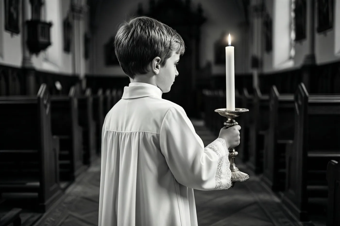 Op een zwart-witfoto staat een kleine jongen in een wit communiegewaad in een kerkgang met een lange kaars in een zilveren houder.