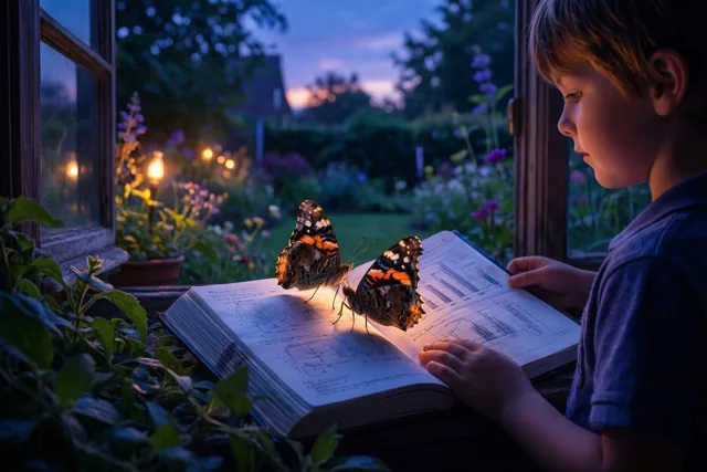 Een jonge jongen leest bij een raam in een tuin in de schemering een open schrift over wetenschap waarop twee oranje-zwarte vlinders zitten.