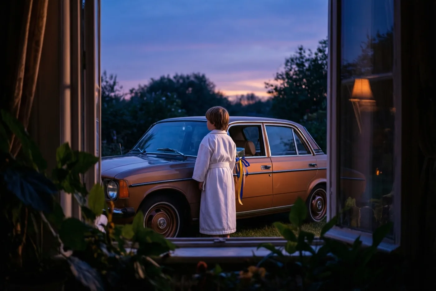 Door een open raam is een jonge jongen in een wit gewaad te zien naast een bruine auto uit de jaren zeventig met linten, onder een paarse en oranje schemerlucht.