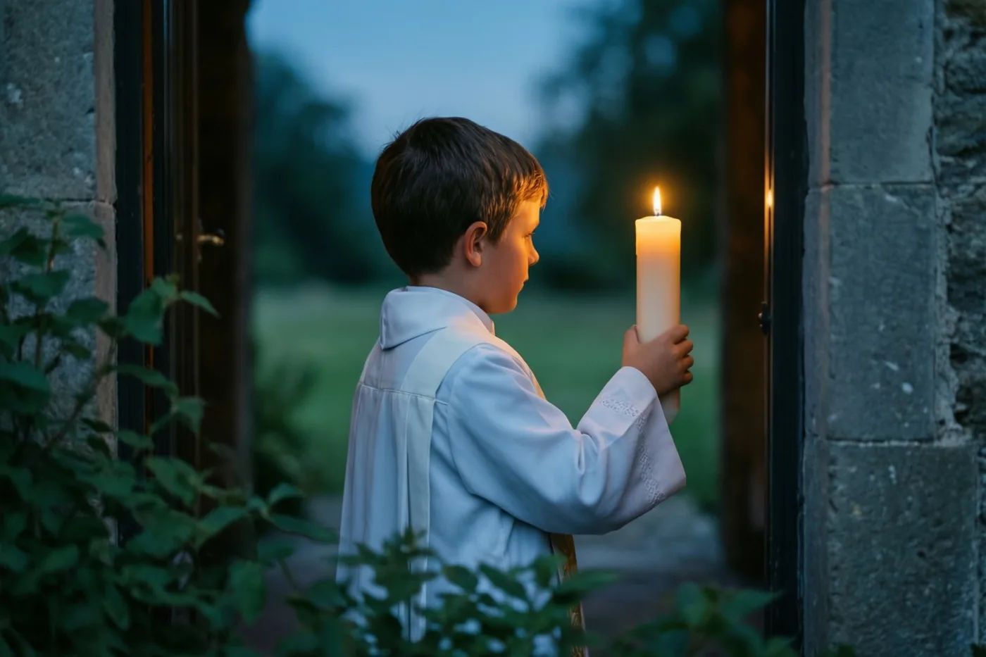Een kleine jongen in een wit communiegewaad staat bij schemering met een grote kaars in een deuropening, zijn gezicht afgewend, in blauwe en groene tinten.
