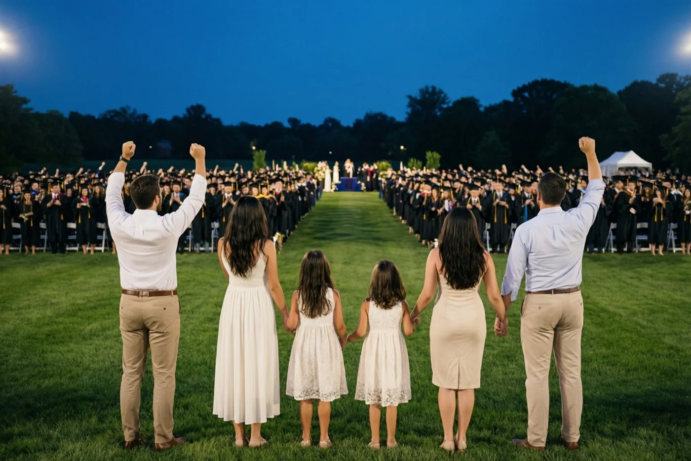 Een gezin van vijf staat van achteren gezien met geheven vuisten op een grasveld bij een afstudeerceremonie in de schemering, met verlichte afgestudeerden in de verte.