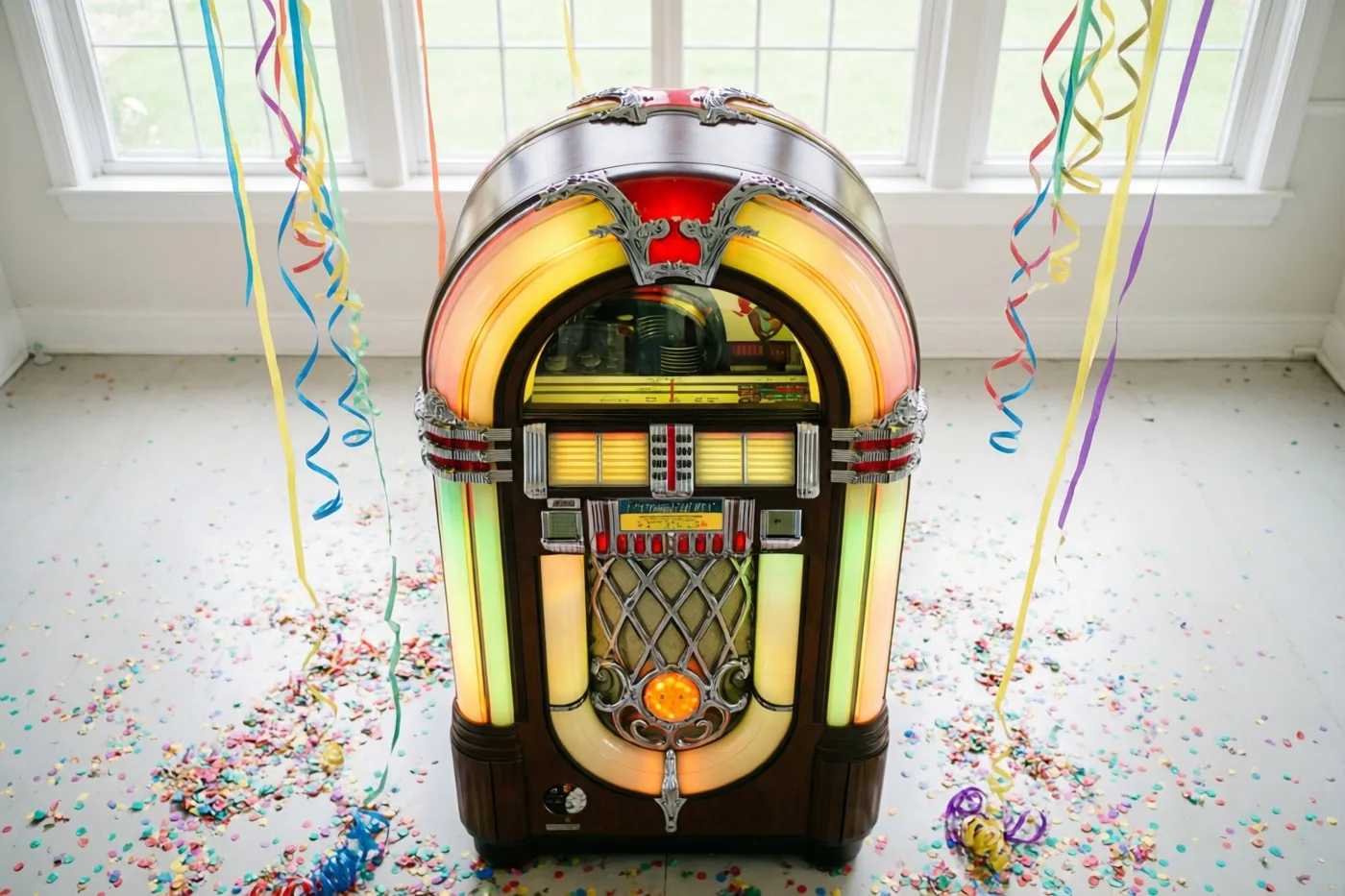 Een vintagejukebox met warme neonverlichting staat in een kamer met confetti op de vloer en kleurrijke slingers aan de ramen waar daglicht binnenvalt.