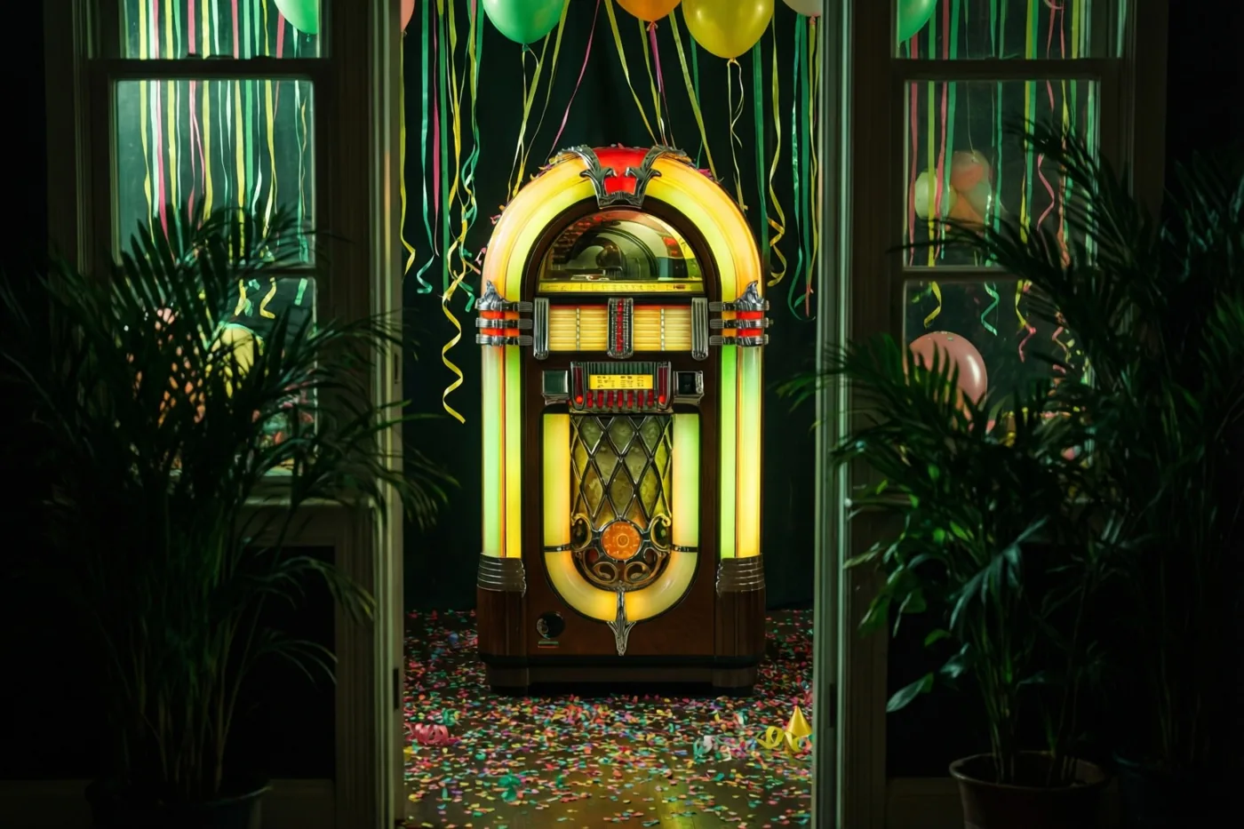 Een verlichte vintagejukebox staat tussen twee ramen met potplanten, onder kleurrijke slingers en boven een vloer met confetti in gele, groene en rode tinten.