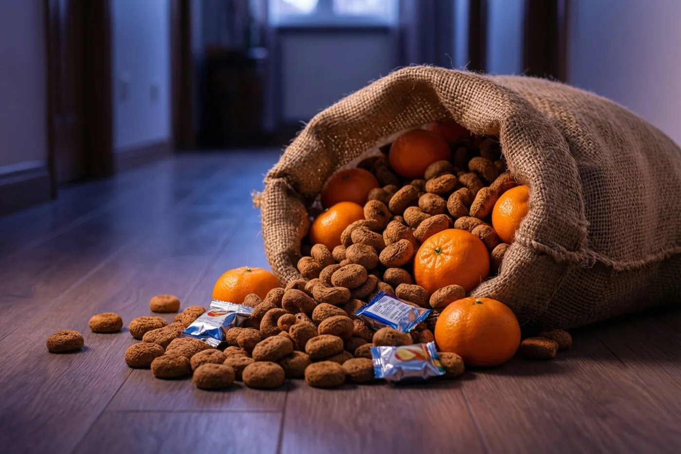 Zacht ochtendlicht valt op een omgevallen jutezak waaruit pepernoten, mandarijnen en kleine in folie verpakte pakjes over de houten vloer van een gang rollen.