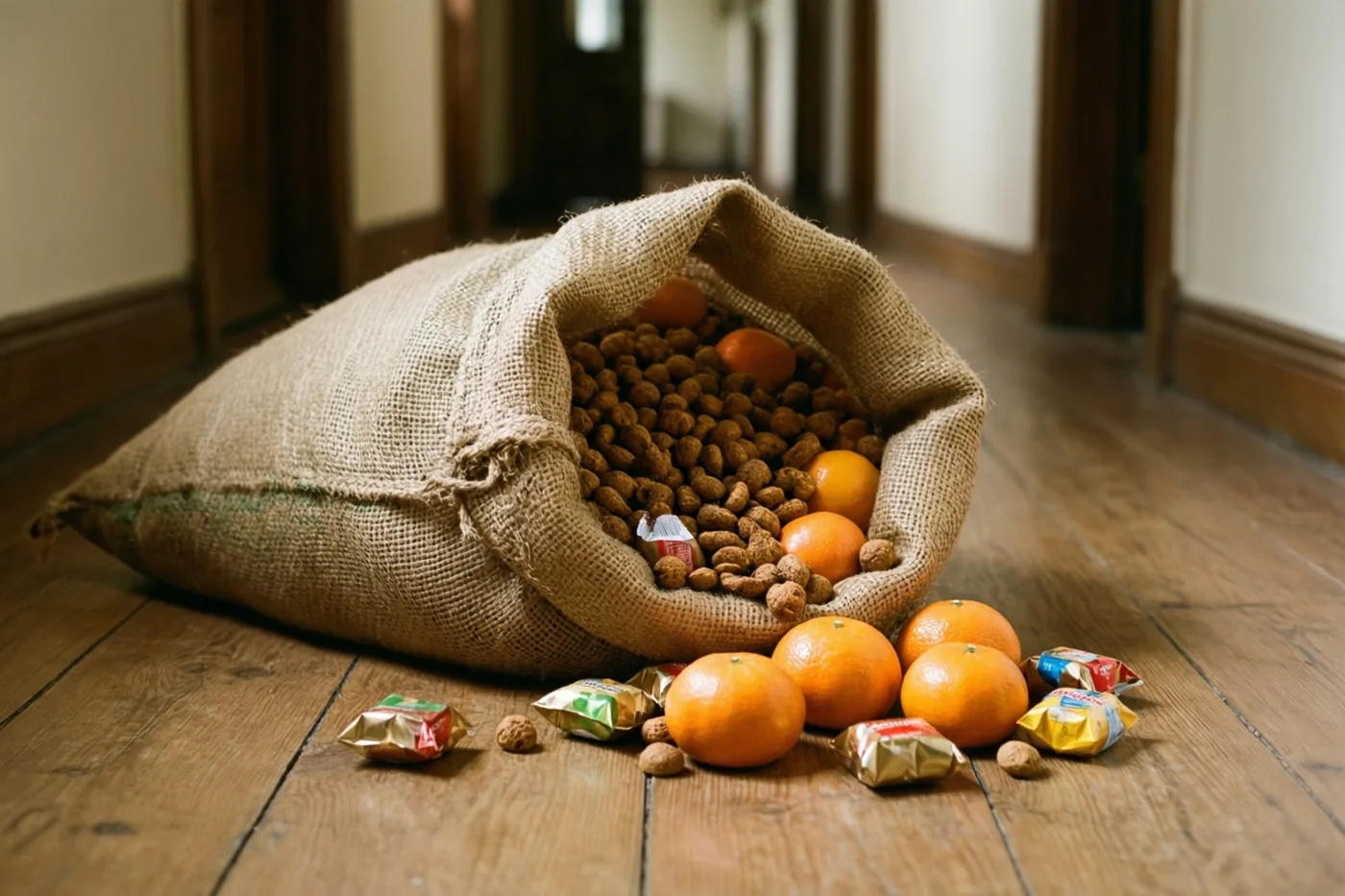 Uit een omgevallen jutezak liggen pepernoten, mandarijnen en kleine ingepakte pakjes verspreid over de houten vloer van een gang met deuropeningen op de achtergrond.