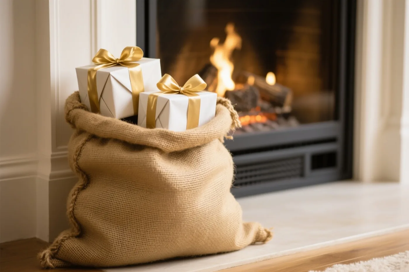 Een grote jutezak met witte cadeaudozen en gouden linten staat op een schoorsteenmantel bij een brandende moderne haard.