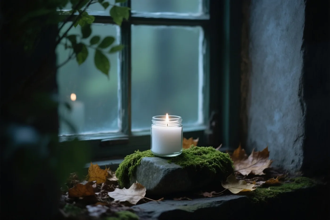 Een witte kaars brandt in een glazen pot op een bemoste steen tussen herfstbladeren bij een raam met blauwgroen licht.