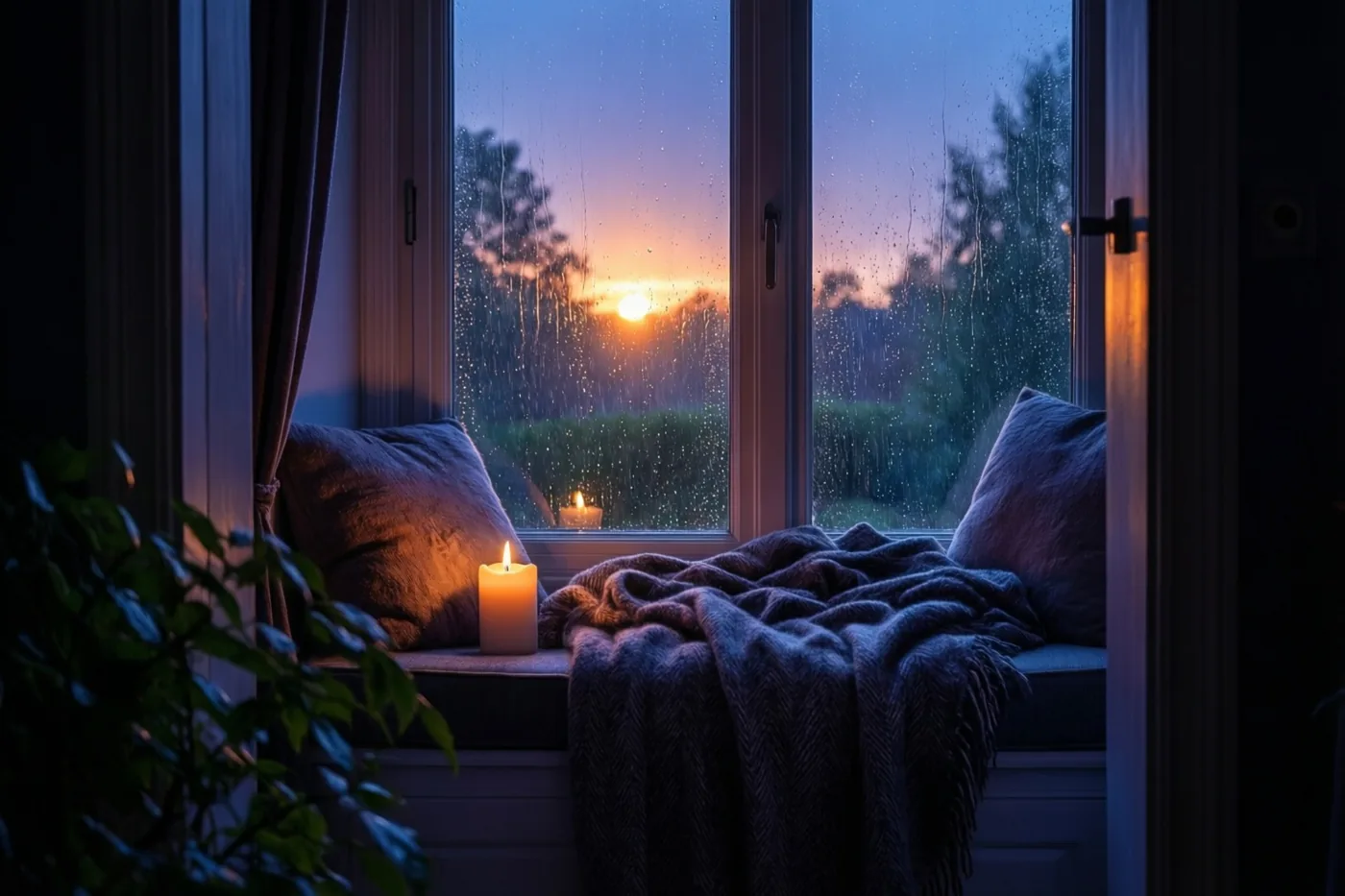 Door glas met regenstrepen is een zitbank bij het raam te zien met een donkergrijze kasjmieren deken en een brandende kaars, in warm kaarslicht en koele blauwe tinten bij de opkomende zon.