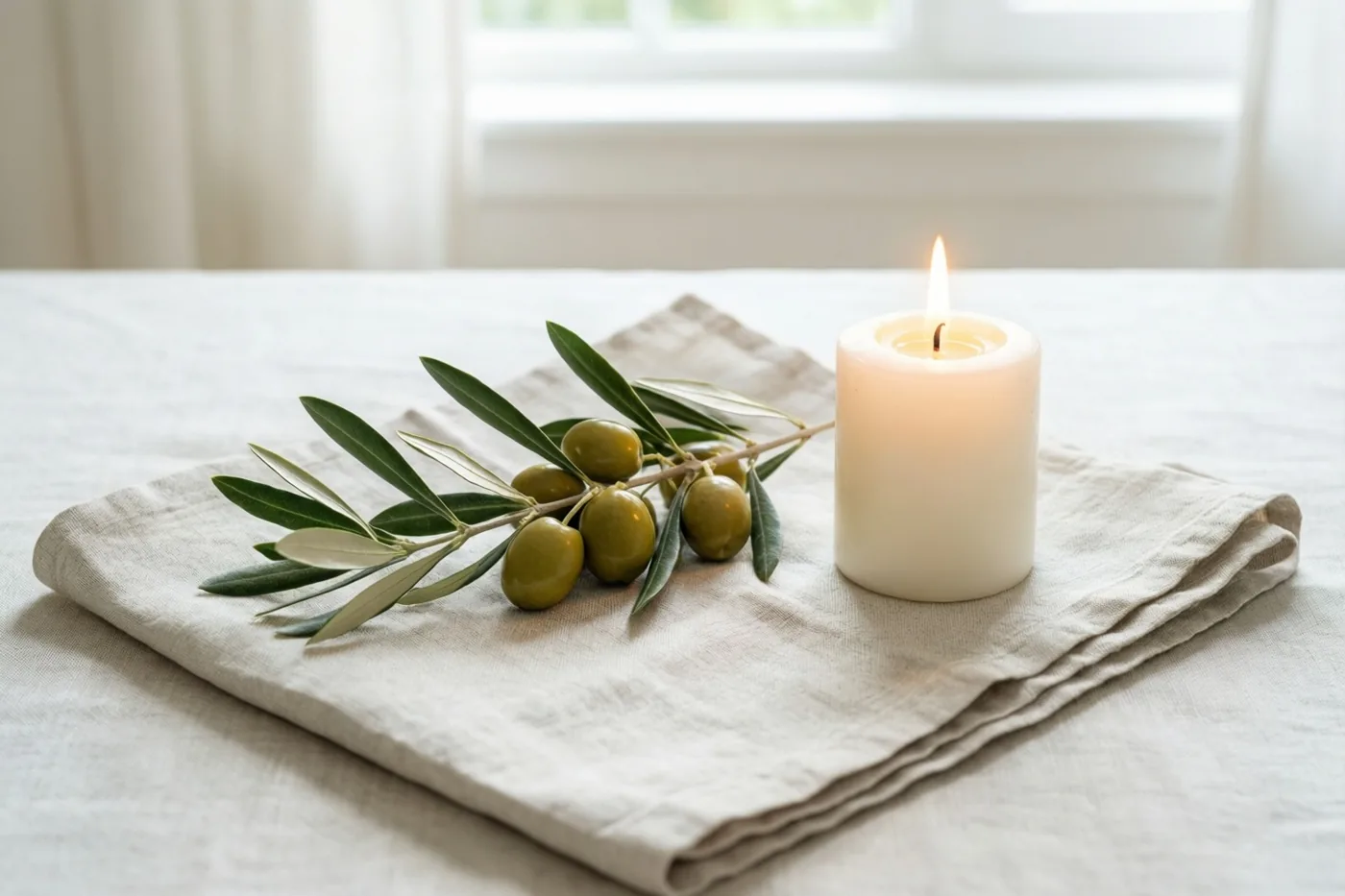 Een brandende witte kaars en een olijftakje met groene olijven bevinden zich op een gevouwen lichte linnen doek op een tafel, met zacht daglicht uit een raam op de achtergrond.