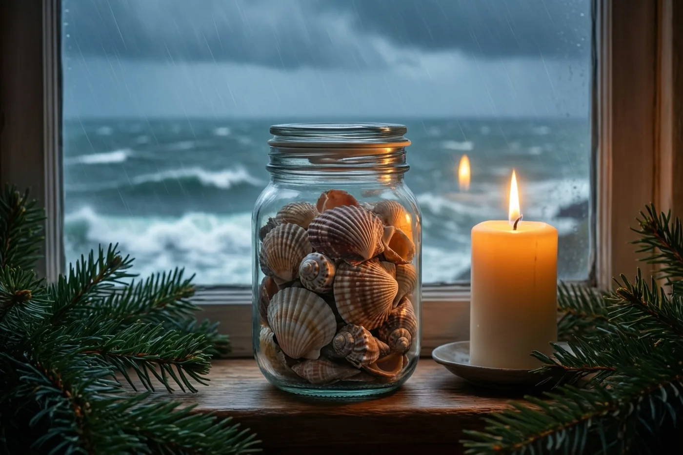 Een glazen pot schelpen en een brandende witte kaars staan tussen groenblijvende takken op een houten vensterbank, met door het raam vol regensporen zicht op wilde zeegolven onder donkere wolken.