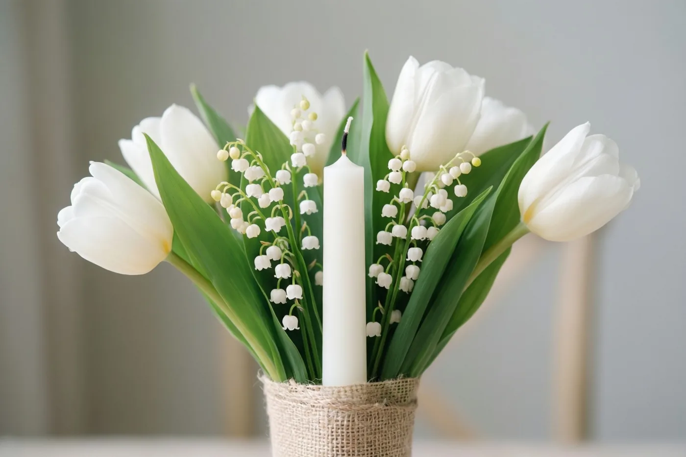 Een witte communiekaars staat midden in een boeket witte tulpen en meiklokjes, omwikkeld met jute, tegen een zachte onscherpe achtergrond.