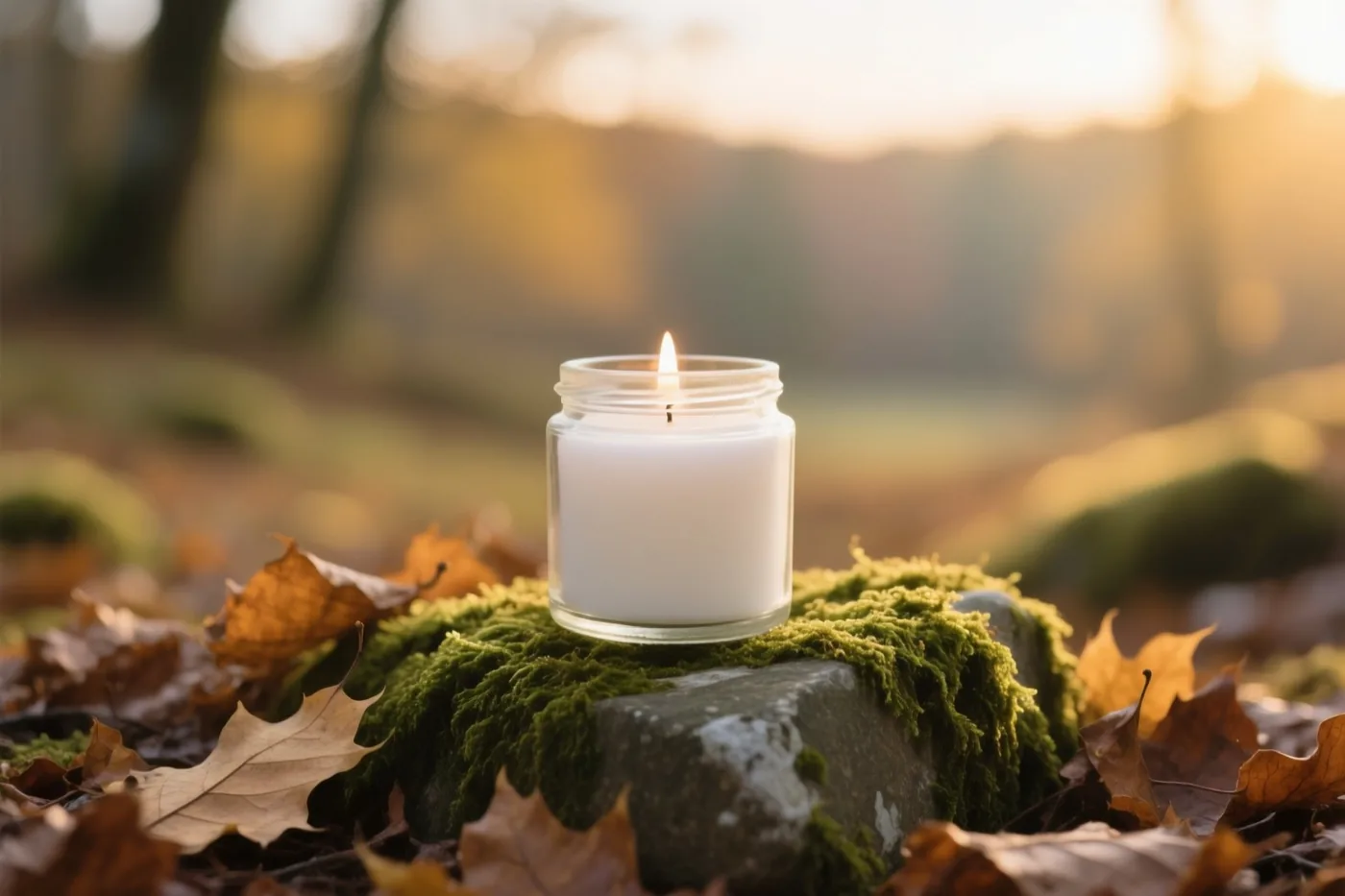 Een witte kaars brandt in een glazen pot op een bemoste steen tussen herfstbladeren in een bos bij zonsondergang.
