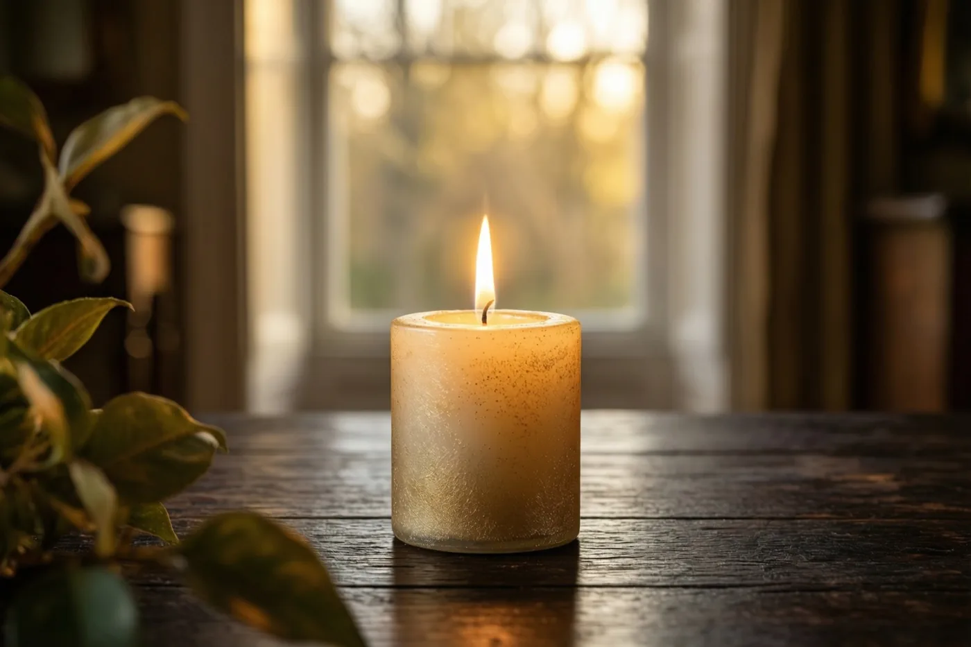 Een brandende kaars met een reliëfoppervlak staat op een donkere houten tafel, met warm gouden licht door een wazig raam op de achtergrond.