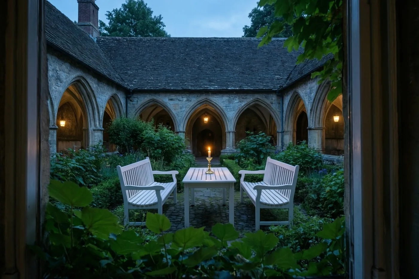 Door een raam is een stenen kloosterhof met booggangen, witte houten banken en een tafel met één brandende communiekaars te zien, omringd door groen onder een schemerblauwe hemel.