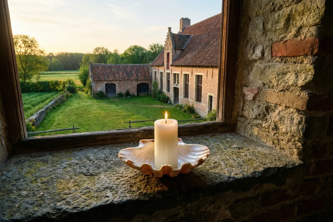 Een brandende witte kaars in een grote witte schelp staat op een ruwe stenen vensterbank met uitzicht op een binnenplaats met een traditionele Vlaamse hoeve in het gouden licht van de ondergaande zon.